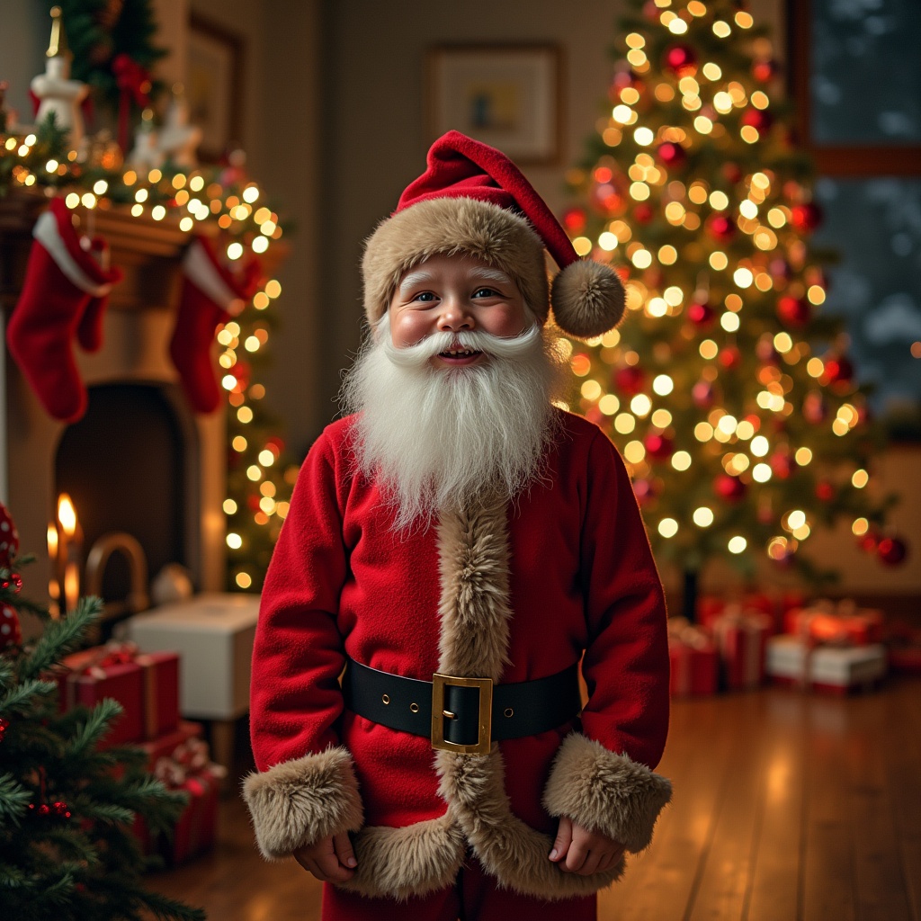 This cheerful image features a child dressed as Santa Claus, complete with a fluffy white beard and a classic red suit trimmed in fur. The backdrop showcases a beautifully decorated Christmas tree adorned with twinkling lights and ornaments. There's a cozy fireplace nearby, adding warmth to the scene. Stockings hang from the mantel, and wrapped gifts are scattered around the room, enhancing the holiday spirit. The overall atmosphere is joyful and festive, perfect for conveying the essence of Christmas celebrations.