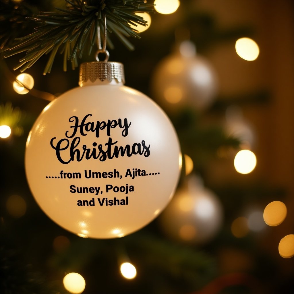 Close-up of white Christmas bauble with text. Background features twinkling lights creating an ambiance. Ideal for holiday themes.