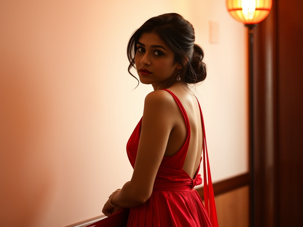 The image portrays a woman in a striking red evening gown with an open back, exuding elegance and sophistication. The setting is dimly lit, with warm tones giving a cozy and intimate feel. The woman is gazing back over her shoulder, which adds a touch of allure and mystery to the scene.