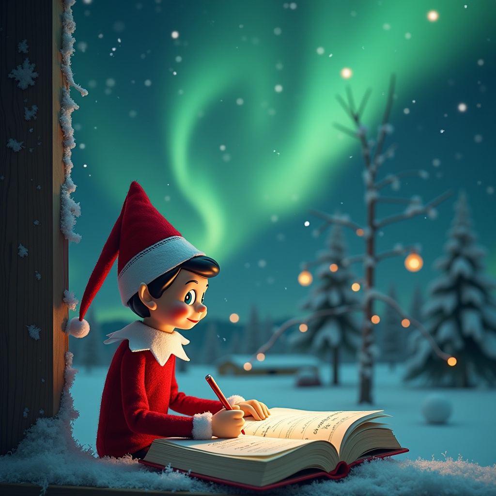 An elf sits by a snowy window, writing in a large book under a stunning display of northern lights. The elf is wearing a classic red outfit with white trim, embodying the holiday spirit. Behind him, a serene snowy landscape is dotted with twinkling lights from distant trees. The night sky is vibrant with swirling green and blue hues of the aurora borealis, adding a magical touch to the scene. This cheerful setting captures the essence of Christmas and childhood wonder.