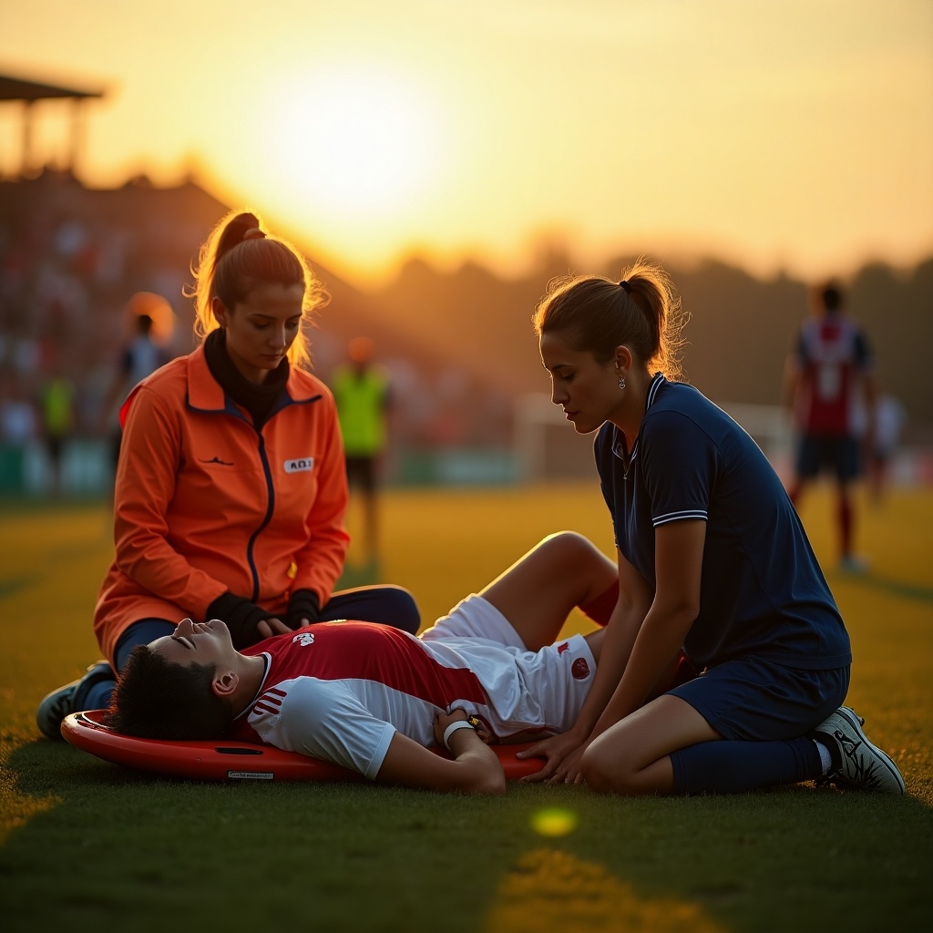 Injured soccer player on stretcher during a match. Female crew member shows concern. Man appears unconscious. Scene on soccer field at sunset. Urgency in sports emergency response.