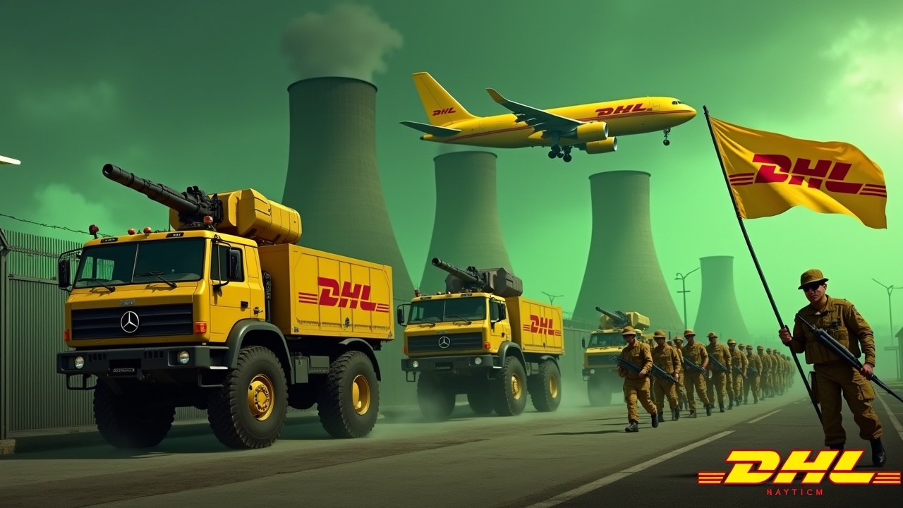 In a dramatic scene, several large yellow armored trucks equipped with roof-mounted cannons are driving beside a fence. The trucks are prominently adorned with the DHL logo. Nearby, soldiers dressed in yellow uniforms march in unison, some holding rifles. One soldier displays a large flag featuring the DHL logo. In the background, glowing green smokestacks from a nuclear power plant rise against the matching sky. Above, a DHL cargo plane contributes to the intensity of the atmosphere, emphasizing the theme of logistics. The image concludes with the bold DHL logo at the bottom.