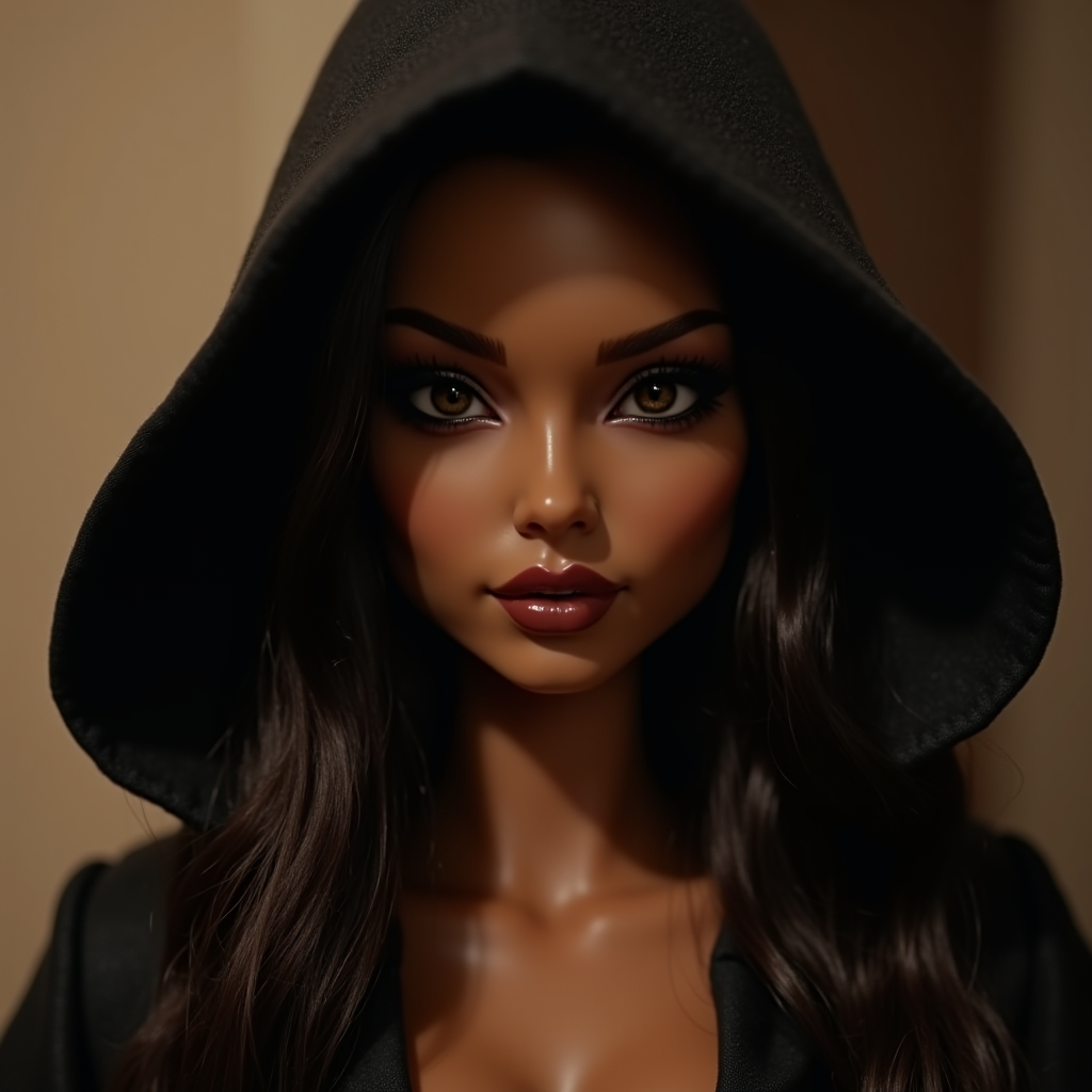 A woman with striking facial features, dark hair, and a black hooded garment gazes directly at the viewer.