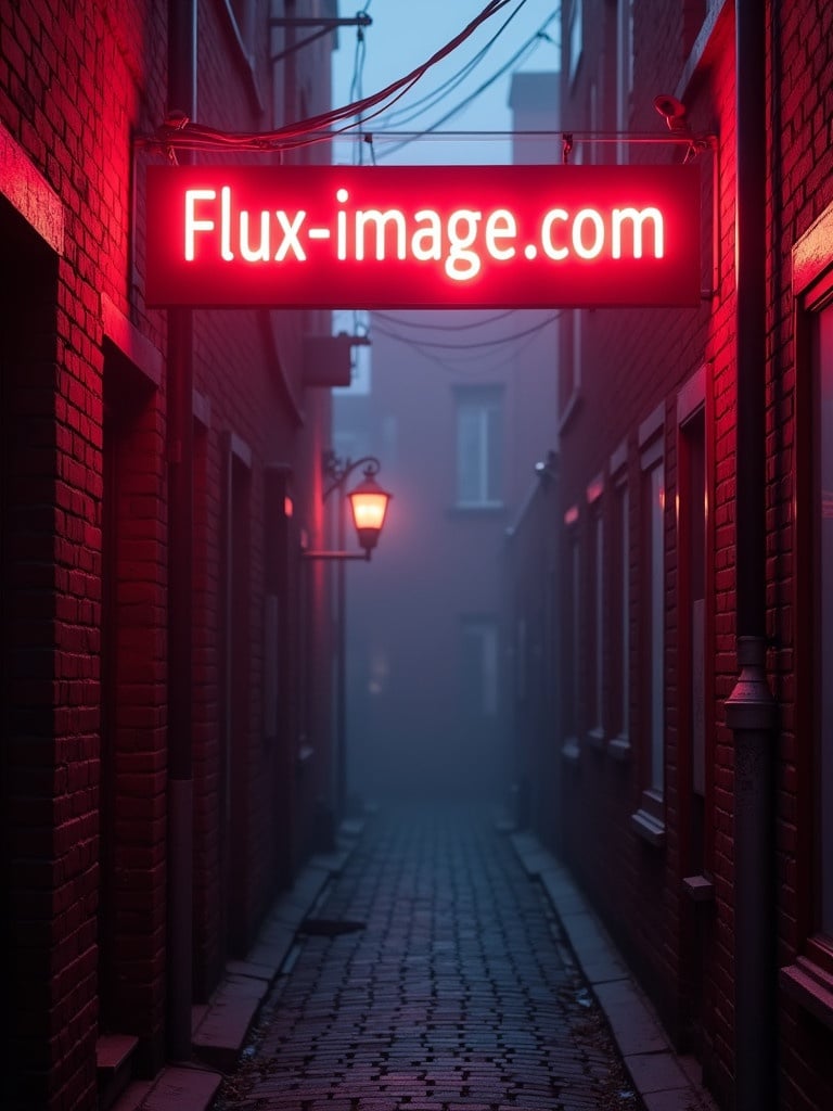 A neon sign in red glows in a misty alleyway. The alleyway has brick walls and a soft glow from the sign. Fog is present in the background creating a mysterious atmosphere.