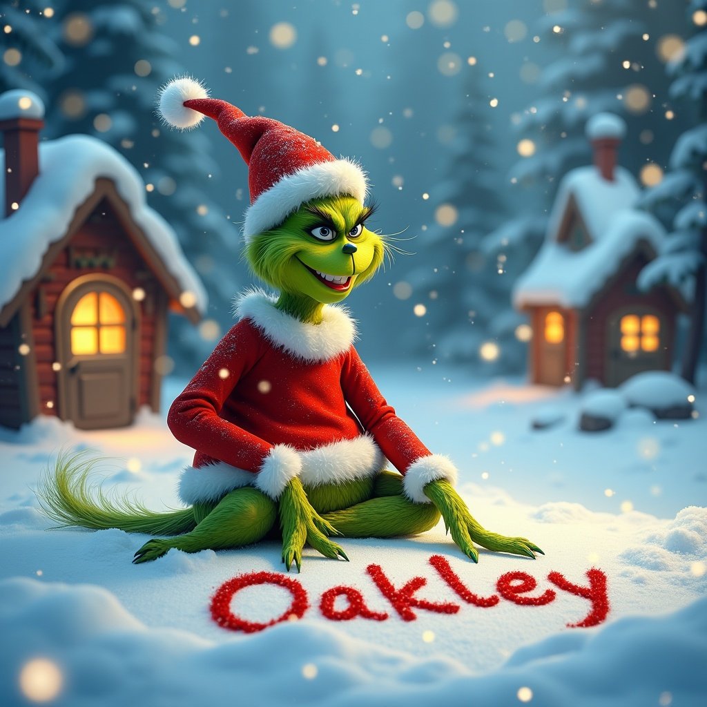 In snowy landscape The Grinch sits on ground in red and white Christmas outfit. He happily writes name 'Oakley' in freshly fallen snow. Delicate snowflakes cascade around enhancing cheerful winter scene. Cozy cottages with warm lights surround him creating magical atmosphere. Moment captures creativity and spirit of giving ideal for holiday-themed projects.