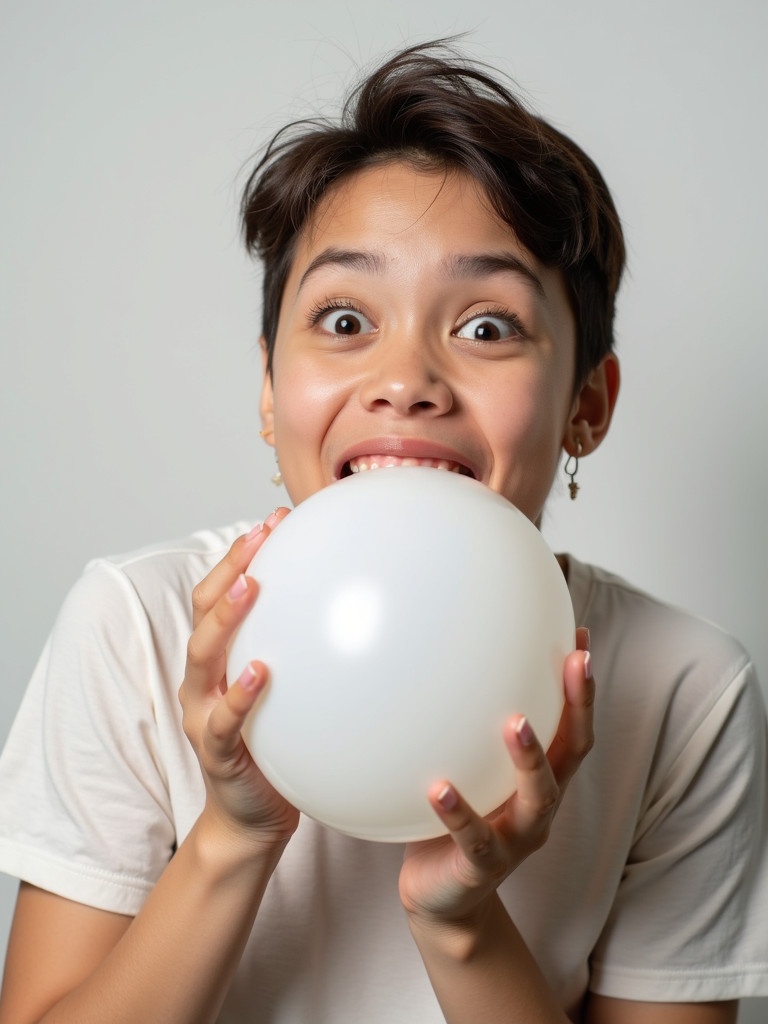 Person holding a white balloon in a playful manner. Focus on the playful interaction with the balloon. Neutral background for focus.