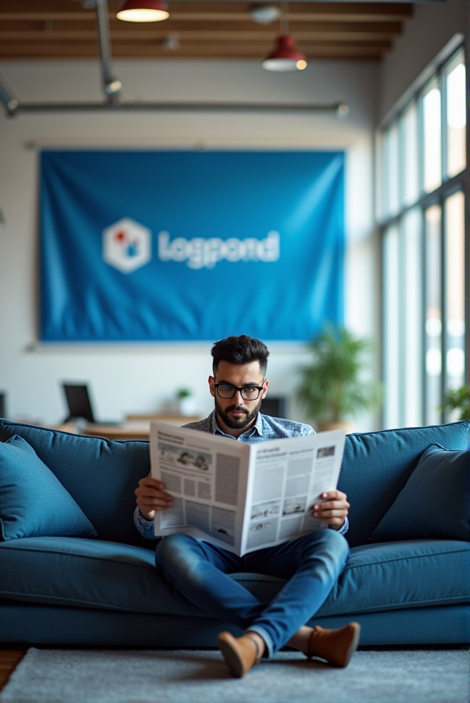 A man sitting on a blue couch is reading a newspaper in a modern office setting with a large blue sign on the wall behind him.