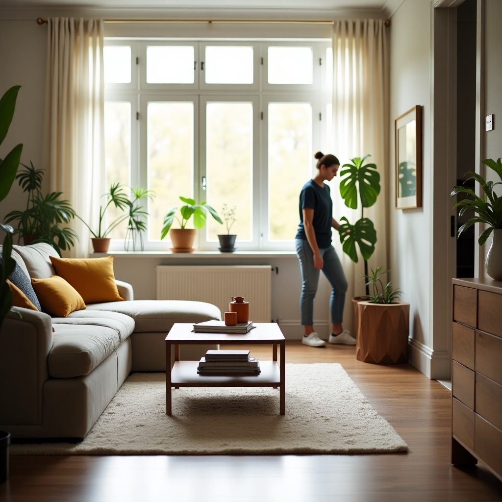 A cozy living room with soft lighting. A person is walking near the window. There are plants and furniture around. A coffee table is placed in the middle of the room. The atmosphere feels warm and inviting.