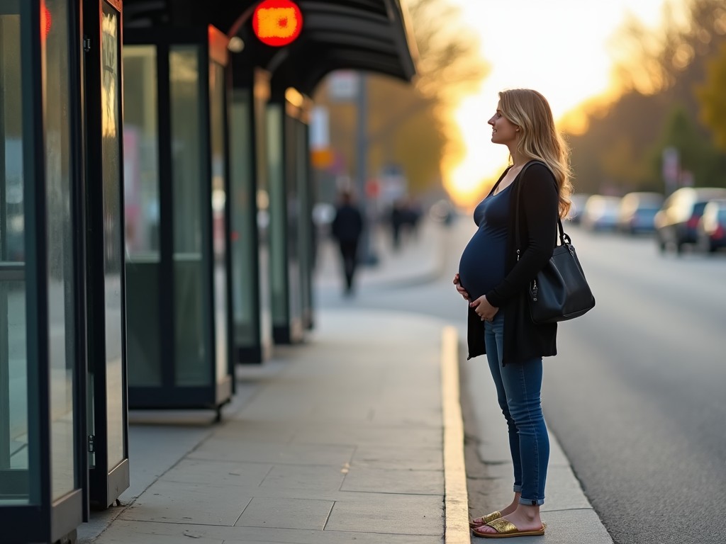 A pregnant woman standing at a bus stop during sunset, looking contemplative.