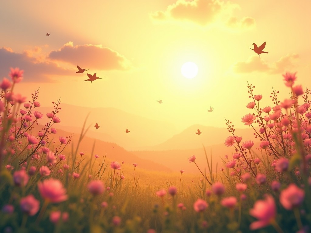 The image captures a beautiful sunrise over a field filled with delicate pink flowers. Birds are flying in the sky, adding to the serene atmosphere. The warm golden light creates a magical ambiance, enhancing the peaceful nature of the scene. In the background, rolling mountains can be seen, creating a stunning natural landscape. This tranquil setting evokes feelings of joy and inspiration, perfect for starting a new day.