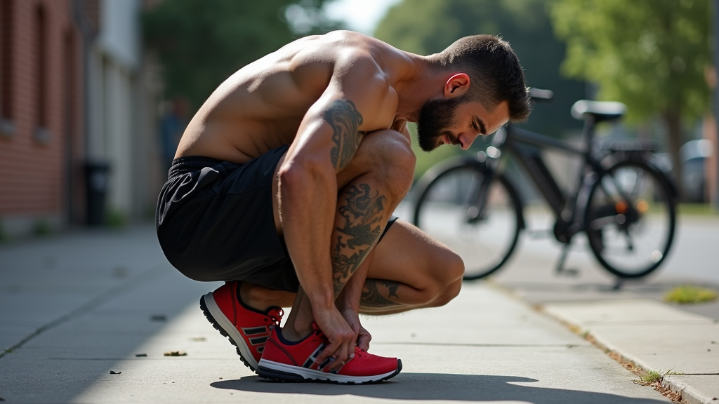 A shirtless man with tattoos ties his red running shoes on a sunny sidewalk with a bike in the background.