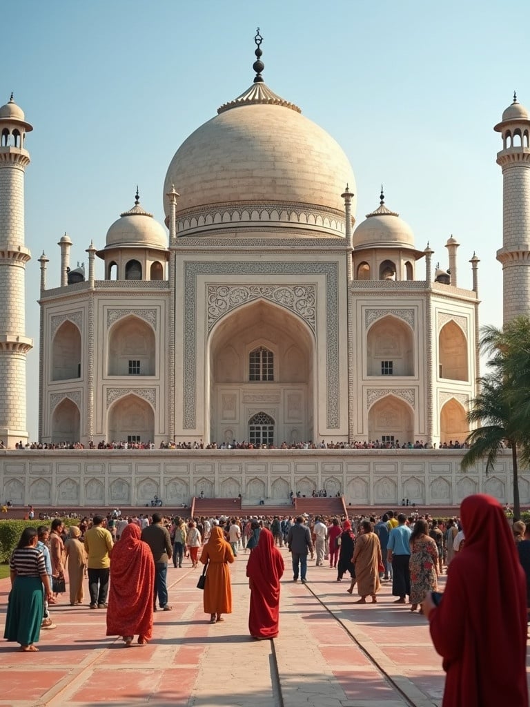 Taj Mahal in bright daylight filled with Indian visitors. People walking towards the monument. Architectural details clearly visible. Sky is clear and blue.