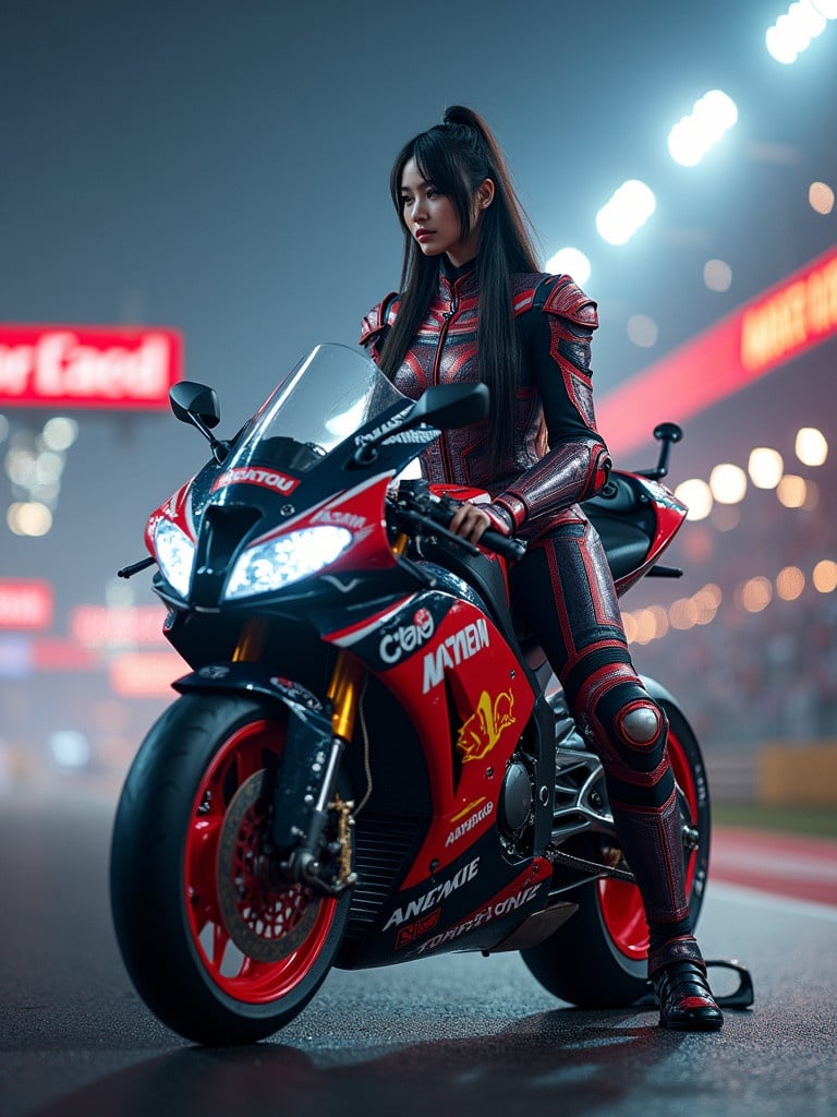 Standing image of a warrior princess with long hair. Princess sits confidently on a futuristic MotoGP bike. She wears Jic armor with details that glimmer under stadium lights. A sword is strapped across her back. The scene shows a bustling racetrack with colorful banners and roaring engines. Lighting captures the shimmer of armor and softness of hair.