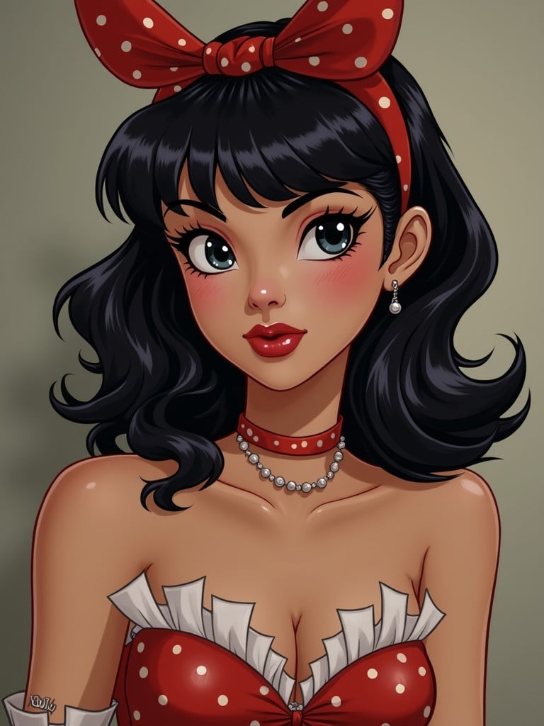 Pinup character with black hair and a bandana wearing a polka dot outfit. She has pearl jewelry and is styled in a vintage manner. Background is neutral.