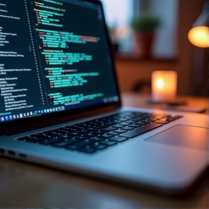 A laptop with code on its screen is set on a desk next to a lit candle.