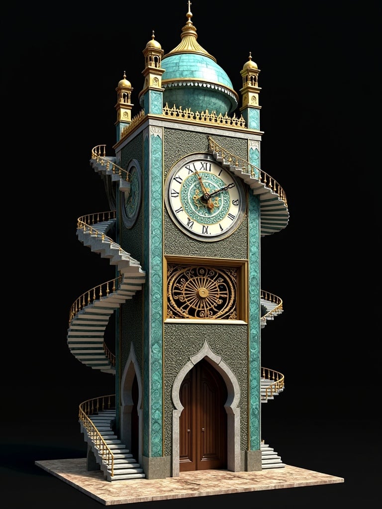 A hyper realistic isometric clocktower design. Inspired by M.C. Escher. Features impossible geometries and interconnected staircases. Elaborate latticework in silver turquoise and oxidized gold. Black background enhances the details. High arched mechanical gears spin. Sterling silver clock hands. A detailed centerpiece with artistic metal patterns. Rendered in rich colors and intricate fantasy details. Influenced by contemporary art trends. Created in 8K resolution using advanced rendering techniques.