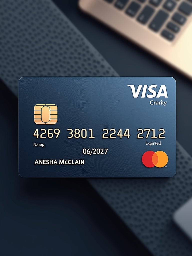 Realistic depiction of a Visa credit card with the name Anesha McClain displayed prominently at the bottom. The card number is 4269 3801 2244 2712 with an expiration date of 06/2027.