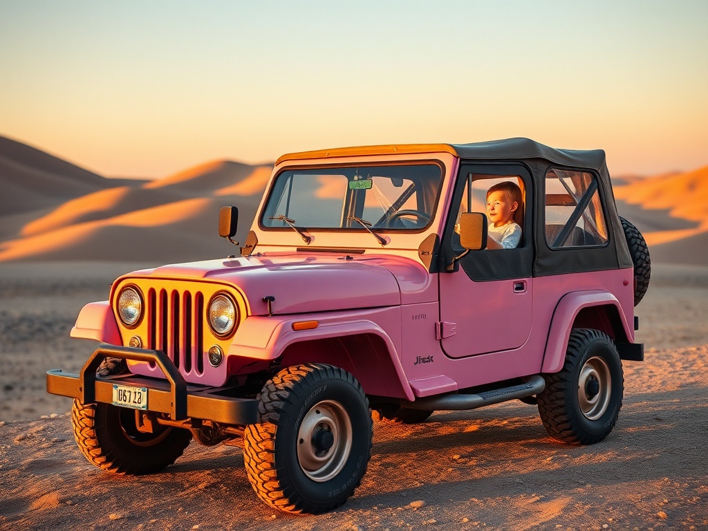 A vibrant pink off-road vehicle stands prominently in a striking desert setting, with soft golden sand dunes fading into the distance. The vehicle is accentuated by the warm glow of the setting sun, while a young boy can be seen sitting inside, gazing out with a sense of wonder and anticipation. This scene captures the essence of adventure and freedom in the vast environment of nature.