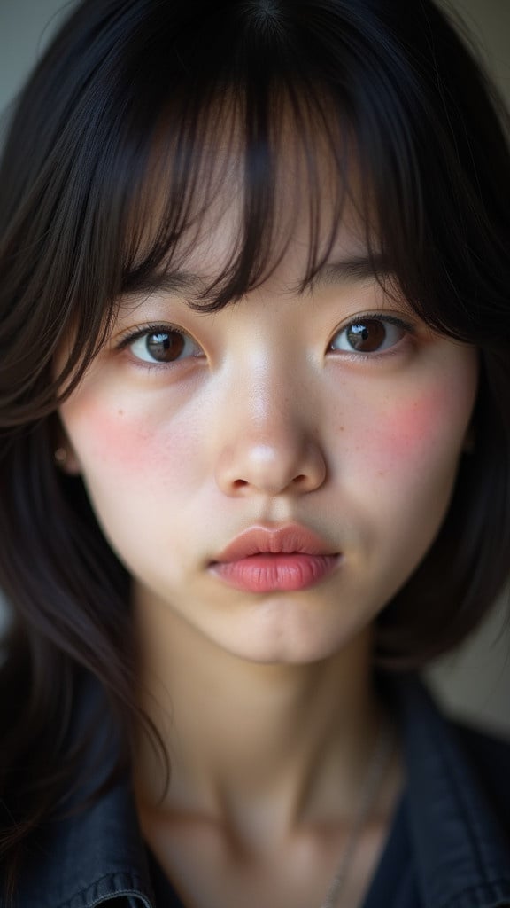 Close-up portrait of young Asian woman with dewy skin and dark hair. Hair styled with bangs. She wears a dark shirt. Subtle peachy blush on cheeks. Soft even lighting highlights sheen on skin. Focused on delicate features and serious expression.