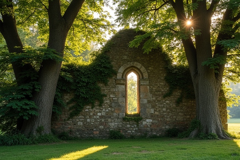 Ruined wall stands between large box trees. Trees create a leafy canopy over the wall. Wall covered in vines and moss. Visible missing stones in the structure. Glassless Romanesque double-arched window at the center. Scene captures evening sunlight in late summer. Last rays illuminate the wall and adjacent treetops. Sparse ground vegetation with sunlight filtering through.