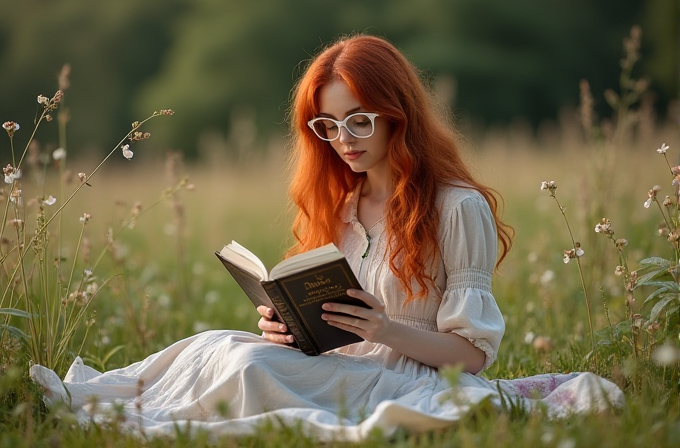 A woman with long red hair and glasses reads a book while seated in a blooming meadow.