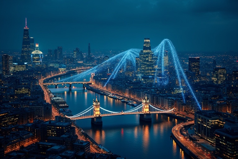 Aerial view of London city at night. The image displays the illuminated Tower Bridge over the river. The city features a skyline with skyscrapers. Blue light trails represent wireless connections throughout the city.