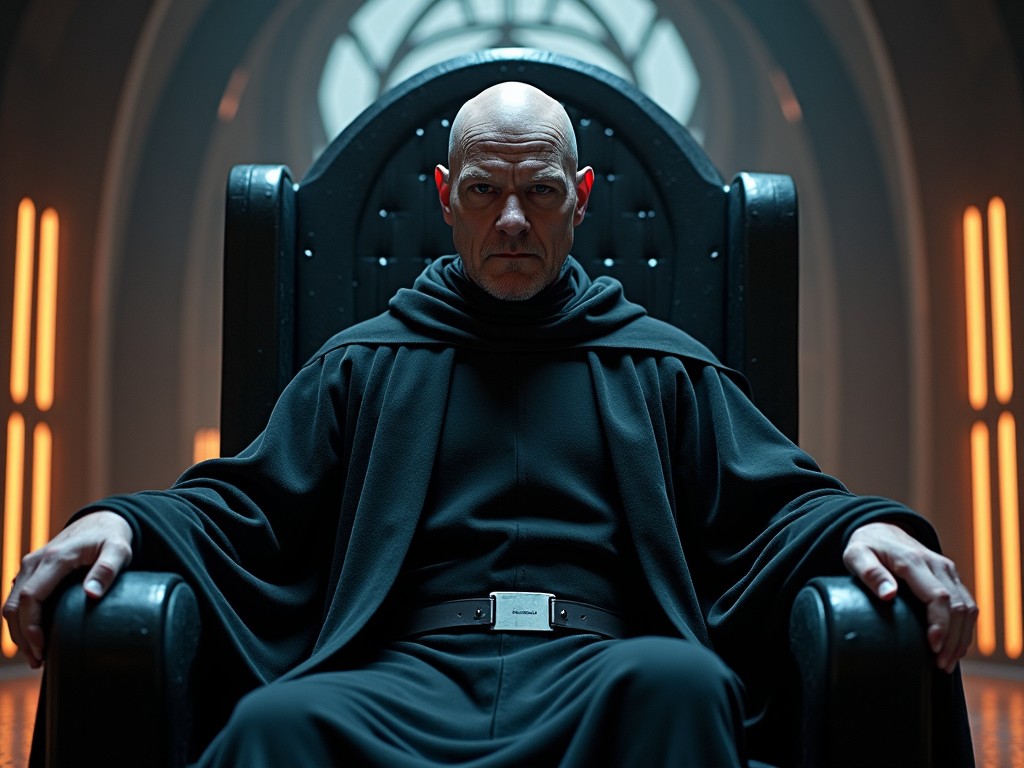 A monk sitting on a throne in a dramatic, low-lighted setting, conveying a sense of authority.