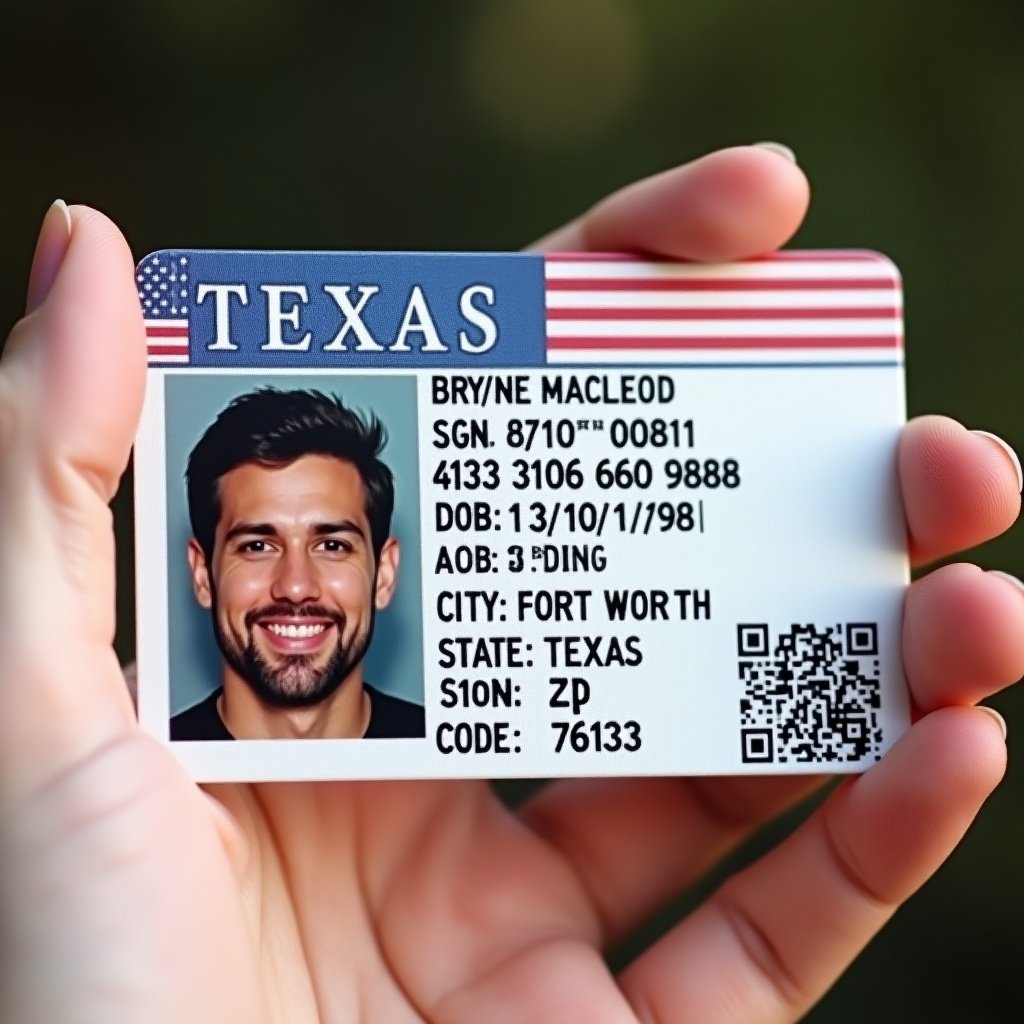 Hand holding the backside of a Texas government-issued ID card. The ID contains personal information such as name, social security number, date of birth, address, city, state, and zip code.