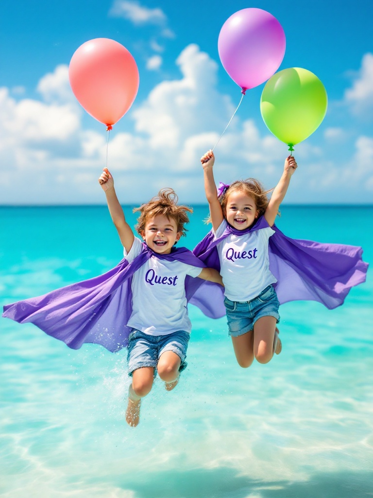 Two joyful kids jumping over the Caribbean Sea. Both children are wearing purple capes. Each is holding colorful balloons. Kids have 'Quest' on their shirts. The setting is sunny and vibrant.