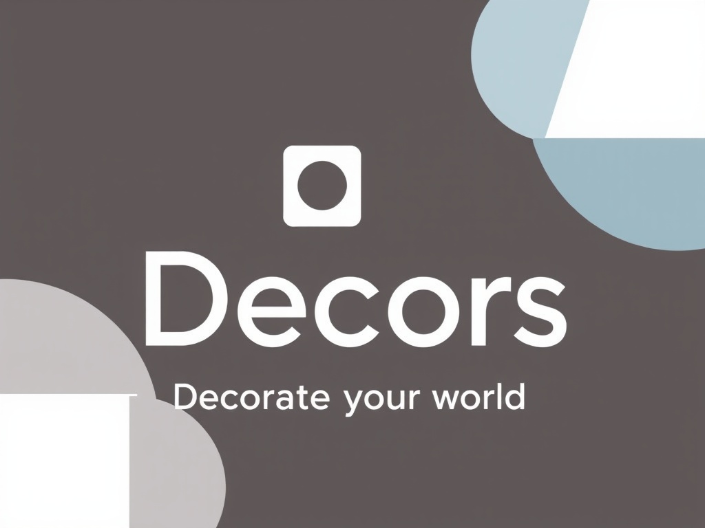 The image features a minimalist logo design for a brand named 'Decors.' The logo is set against a dark gray background with modern, geometric shapes in shades of blue and white adding visual interest. The brand's tagline, 'Decorate your world,' is displayed beneath the name, reflecting a focus on creative home interiors.