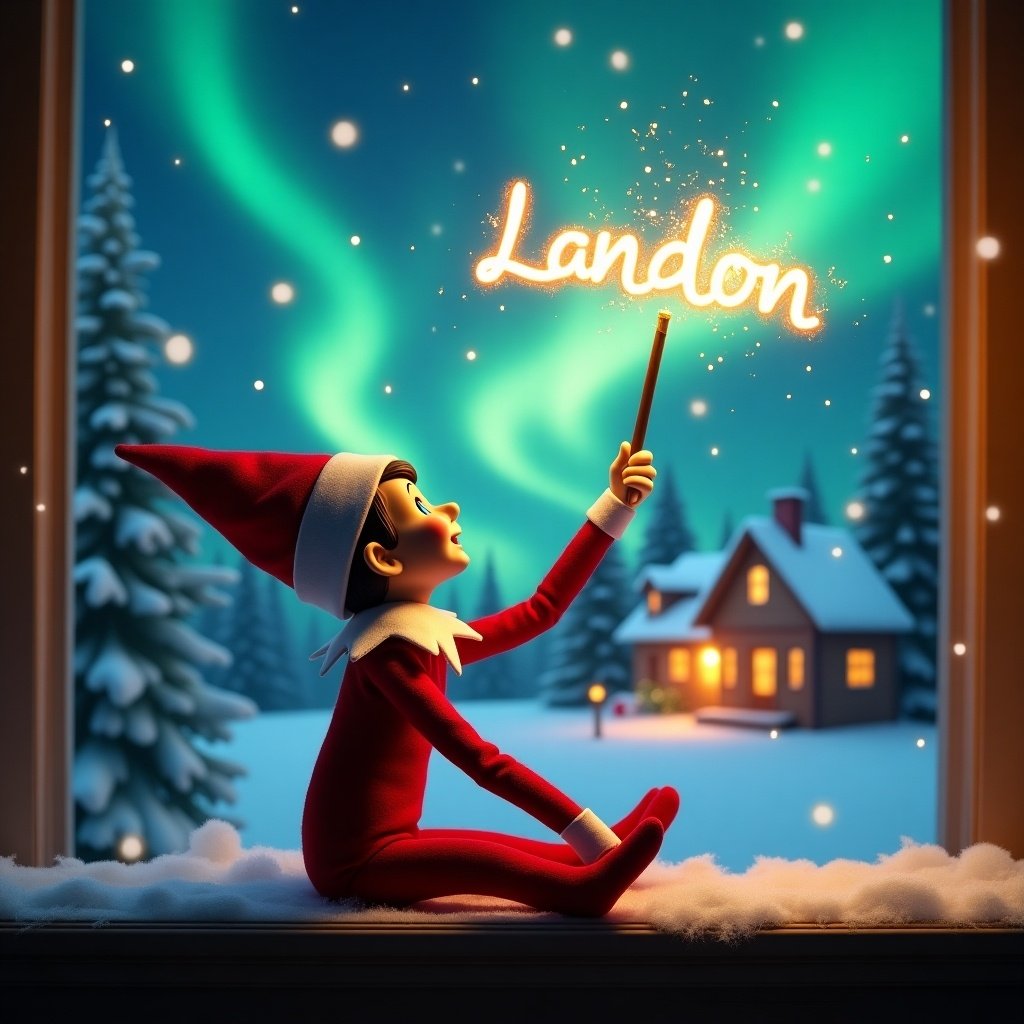 The image features an adorable elf on the shelf, playfully sitting with its back turned to the viewer. The elf is gazing upwards, holding a glowing wand that casts sparkles in the air. Above it, colorful northern lights dance across the sky, creating an enchanting atmosphere. In the backdrop, a cozy holiday-decorated house peeks through the snow. The ground is blanketed in white, enhancing the winter wonderland feel. The elf magically writes the name 'Landon' in sparkling light, embodying the joy of the Christmas season.