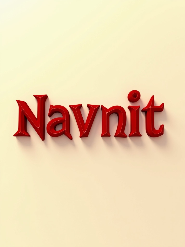 Image showcases word Navnit in cinematic font. Deep red color against light cream background. Features shadows and highlights for 3D appearance. Gentle lighting creates warm ambiance. Represents beauty of hindi script.