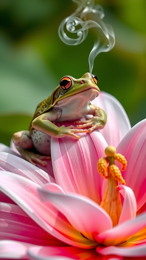 A vibrant image depicting a green frog perched atop a detailed pink flower, with swirls of smoke artfully rising from its head. The frog's eyes are strikingly vivid, complementing the flower's delicate petals. The background is an out-of-focus green, suggesting a lush garden setting. This surreal scene combines elements of whimsy and nature.