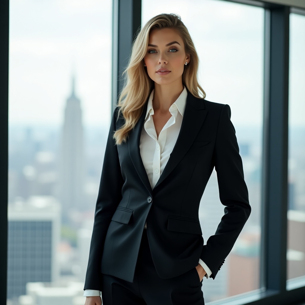 A young woman stands confidently in a business suit, exuding professionalism and style. The setting is a high-rise office with large windows showing a vibrant city skyline, including the Empire State Building. She has long, flowing hair and is wearing a fitted black blazer over a crisp white blouse, showcasing elegant fashion. The image captures natural light illuminating her features and the contemporary office design. This composition conveys a sense of empowerment and sophistication in a corporate environment.