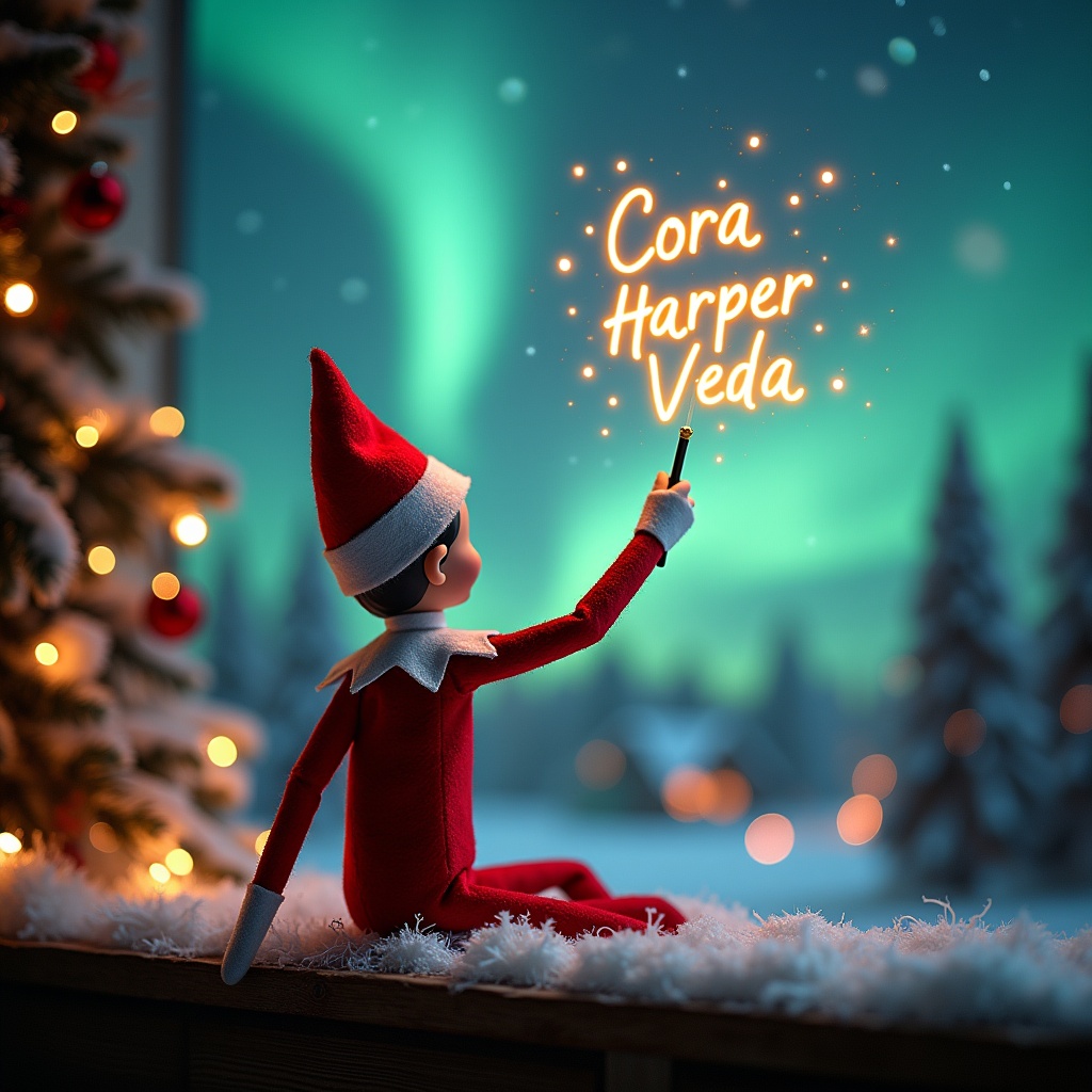 An enchanting Christmas scene showcases an elf sitting at the window, gazing up at the sky. Dressed in classic red and white, the elf wields a wand, creating glowing words above. The words 'Cora', 'Harper', and 'Veda' shimmer in the night air. A backdrop of vibrant northern lights adds to the magical atmosphere. The setting is cozy and festive, exuding a sense of holiday cheer. The elf's playful action invites feelings of wonder and excitement, emphasizing the joy of the season.