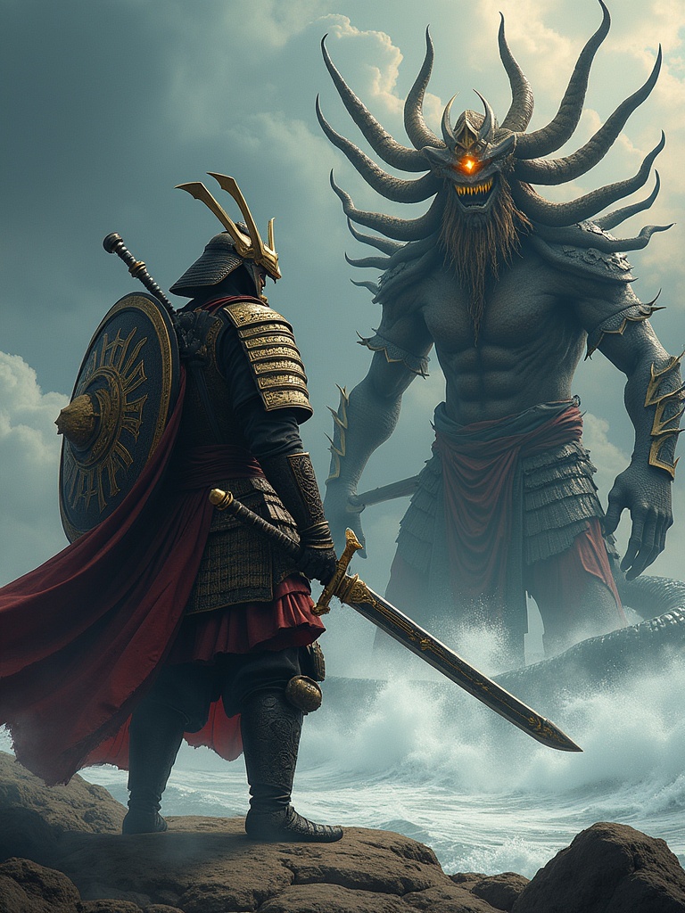 A hyper-realistic scene shows a powerful samurai god in detailed armor. He wields a large sword and holds a decorated shield. Across from him stands Medusa, with a snake hair and glowing eyes. The setting is stormy with waves crashing. The camera angle emphasizes their power with dramatic lighting.