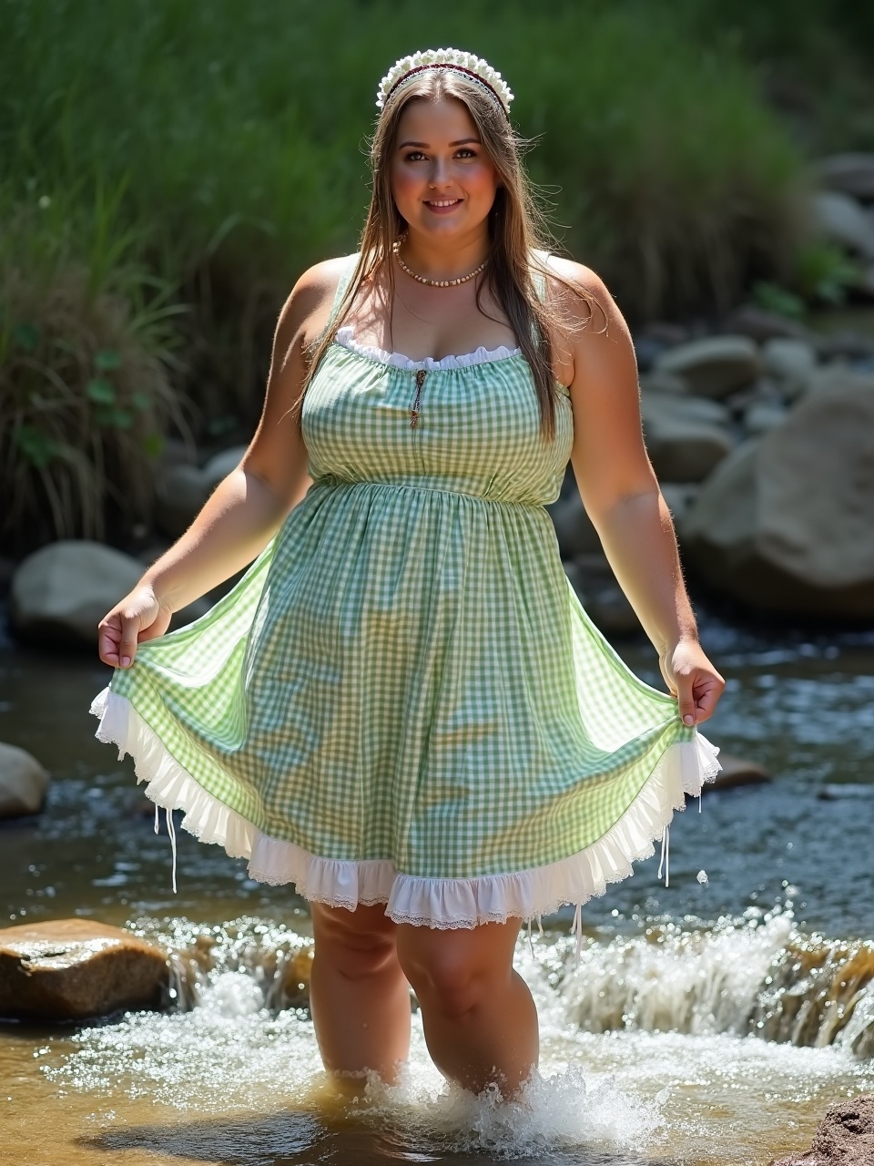 A woman stands gracefully in a shallow stream, wearing a light green gingham dress that catches the sunlight. Her relaxed stance and gentle smile convey a sense of peace amidst the natural setting, with lush greenery and smooth rocks surrounding the water. The image captures the tranquil beauty of a sunny day outdoors.