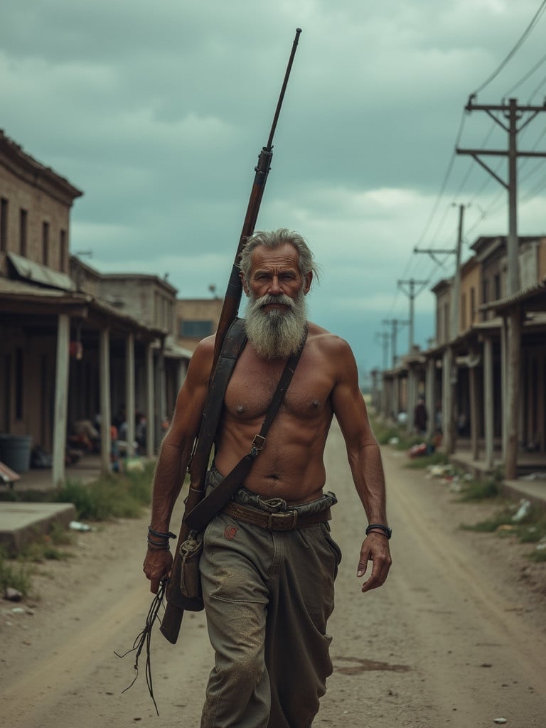 A man walks through a crumbling town. His weathered clothes show signs of dirt. The sky is dim and bleak. A rifle is on his back and a fishing rod in his hand. The town appears deserted with signs of decay. Shabby buildings create a sense of abandonment. The mood conveys survival and resilience.