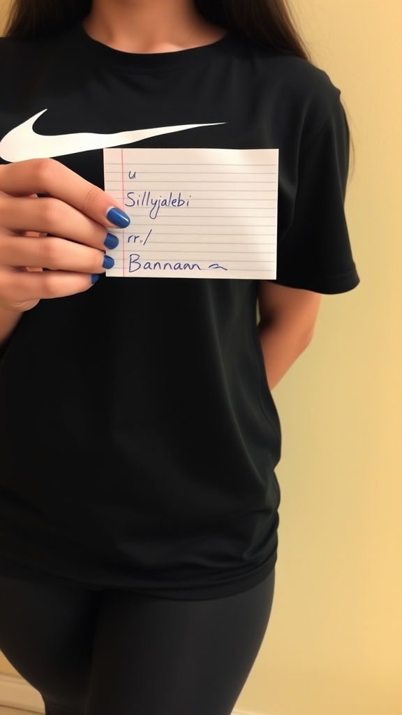 A person holds a handwritten note covering part of their torso. The note features a username and subreddit reference, indicating a social media context. The individual wears a black Nike shirt, aligning the image with athletic or casual fashion. The shot is closely cropped, showing only a portion of the subject's face, emphasizing the note as the central element.