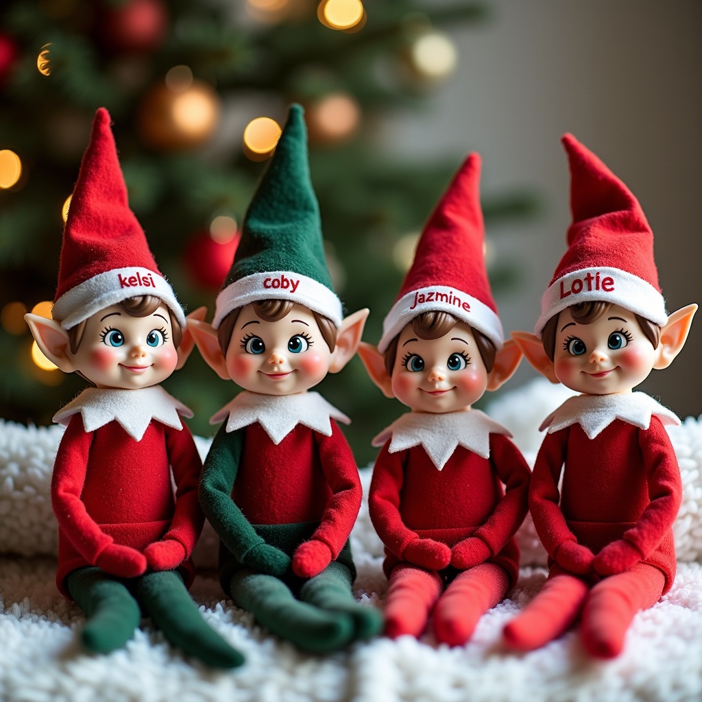 This image features four charming Christmas elves, each wearing festive hats with names embroidered on them: 'Kelsi', 'Coby', 'Lottie', and 'Jazmine'. They are all dressed in red and green outfits, showcasing an endearing and playful appearance. The background is softly blurred, highlighting a decorated Christmas tree with colorful ornaments. The elves are positioned closely together, sitting on a cozy, fluffy blanket, radiating warmth and joy. This setup perfectly captures the spirit of the holiday season and the whimsical nature of Christmas characters.