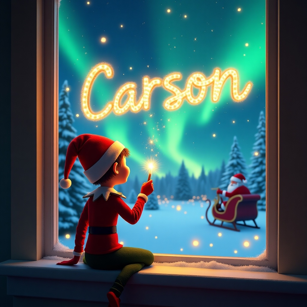 This enchanting Christmas scene features a whimsical elf perched on a window ledge, gazing outside. The elf is writing the name 'Carson' in bright, twinkling lights using a magical wand. The background is filled with beautiful northern lights illuminating the snowy landscape. In the distance, Santa Claus can be seen in his sleigh, adding to the festive vibe. The overall atmosphere is warm, magical, and very much in the spirit of the holiday season.