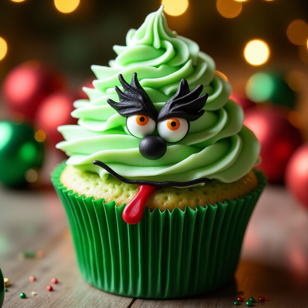 Creative cupcake designed as Grinch character from Christmas story. Vibrant green cupcake with white frosting swirls. Distinctive eyes and black eyebrows added. Playful tongue out. Background has holiday ornaments for a festive look. Perfect for themed parties or gatherings.