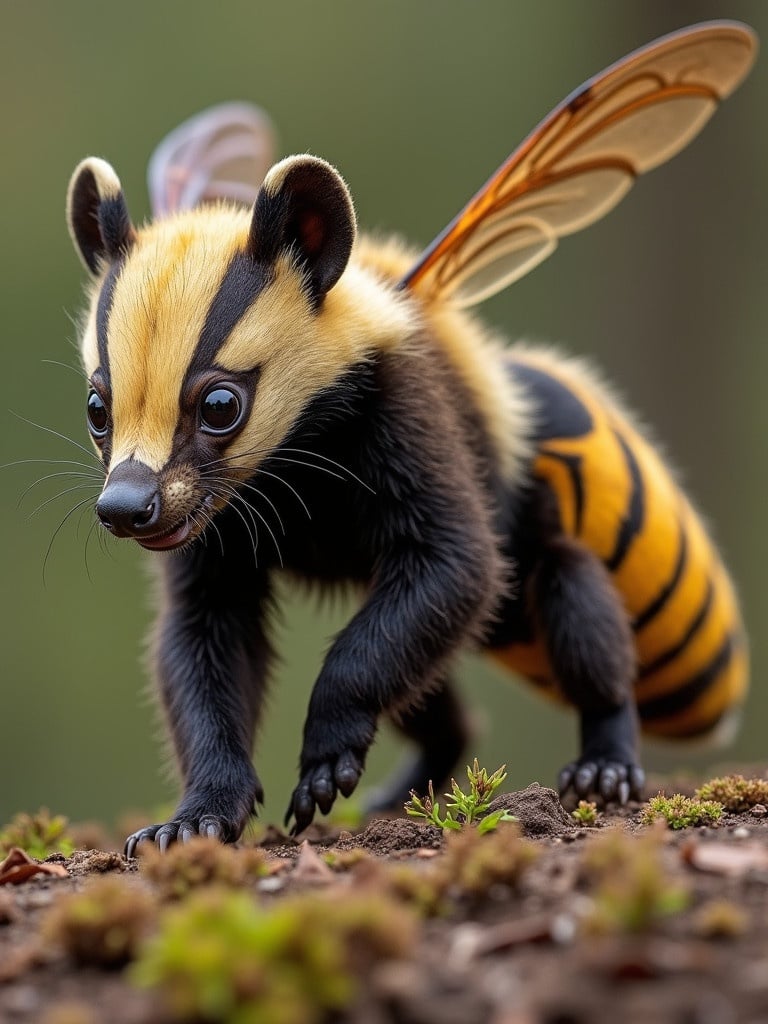 A hybrid creature combining features of a honey badger and a wasp. The body has bold yellow and black stripes. The head has large expressive eyes and a fuzzy cream face. Transparent wings are attached to the back. The creature is walking on the forest floor among green moss.