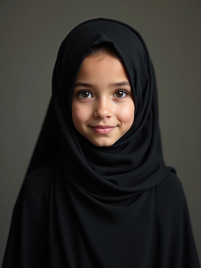 A girl wearing a black hijab. She has beautiful eyes and fair skin. She is dressed in a black abaya. The background is neutral in color.