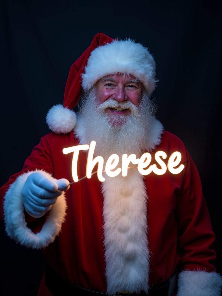 Image features Santa Claus dressed in a red and white suit. Santa holds a glowing stick that shows the name 'Therese'. Dark background highlights the bright text. Scene embodies Christmas magic and joy.