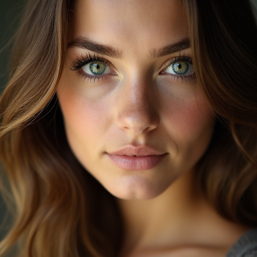 Young woman with green eyes and brown hair. Soft lighting enhances her beauty. Close-up portrait presentation.