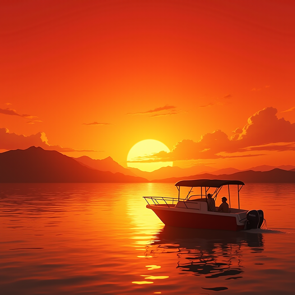 A small boat glides on a calm lake under a vibrant orange sunset with mountains in the distance.