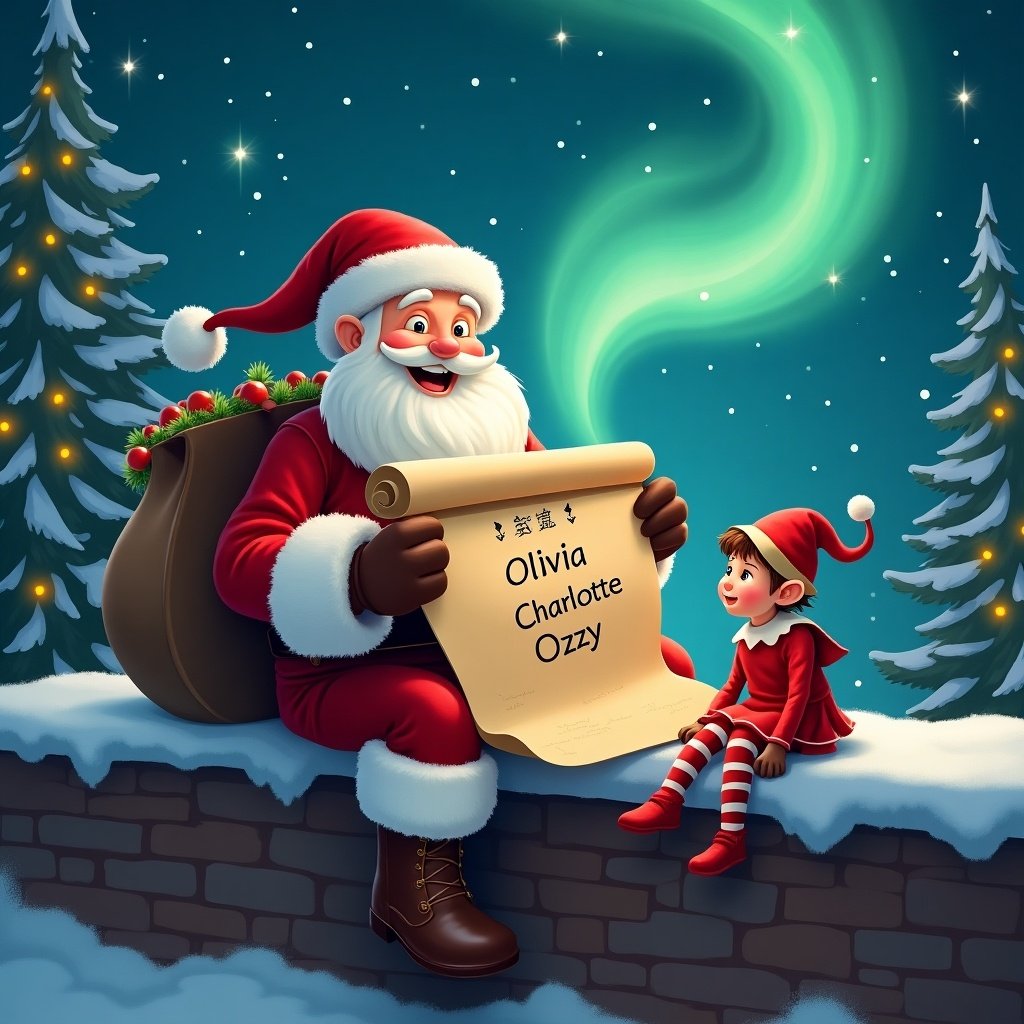 Cozy winter scene with Santa Claus sitting on a ledge. Santa has a joyful expression while holding a scroll with the names Olivia, Charlotte, and Ozzy. An elf sits beside him. Northern lights are swirling in the night sky. Snow-covered trees and Christmas decorations enhance the festive atmosphere.