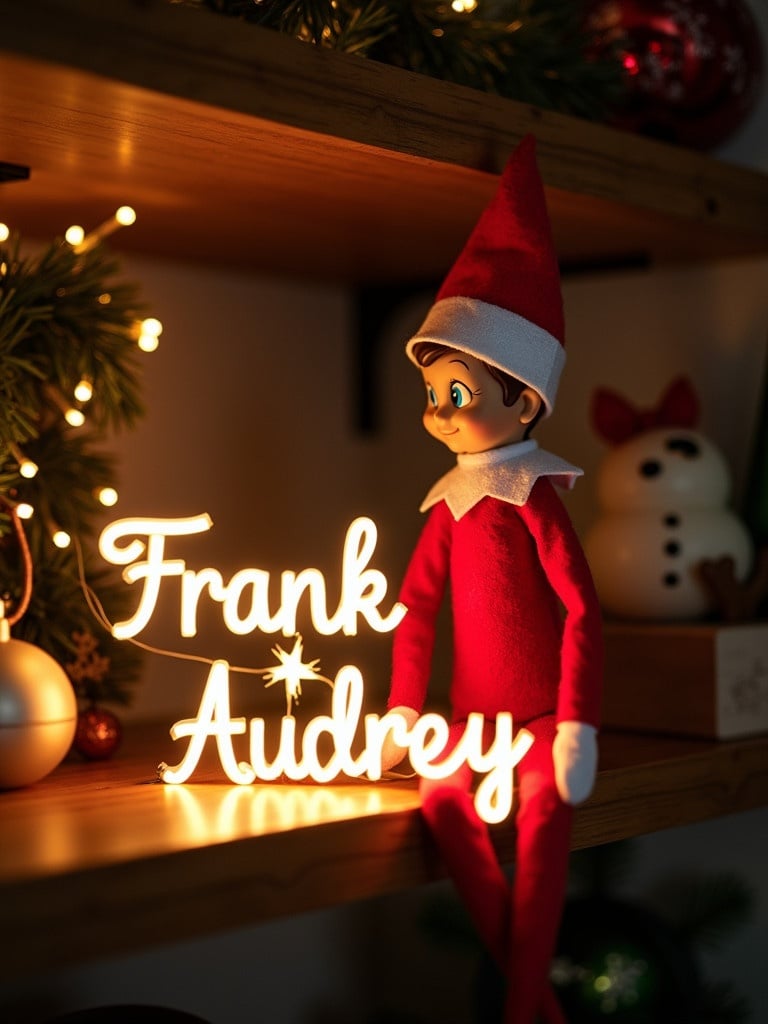 Image features an elf on the shelf in red and white attire. The elf holds a glow stick with the names 'Frank' and 'Audrey'. Dark background highlights the glow. Scene embodies holiday joy and magic.