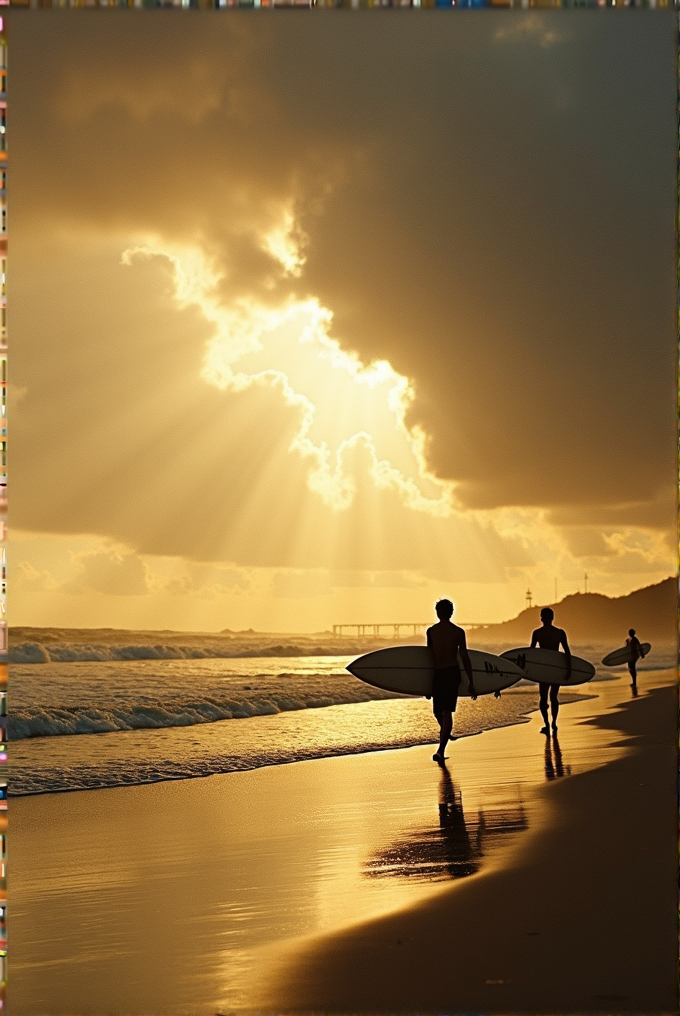 Three surfers walk along the beach at sunset, with dramatic clouds and light rays in the sky.